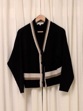 Black Cardigan with Cream and Tan Contrast Trim - Classic V-Neck Button Cardigan